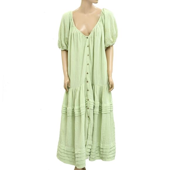 Free People Buttondown Short Sleeve Gauge Tiered Long Maxi Dress Cotton L 280438 - Picture 1 of 6